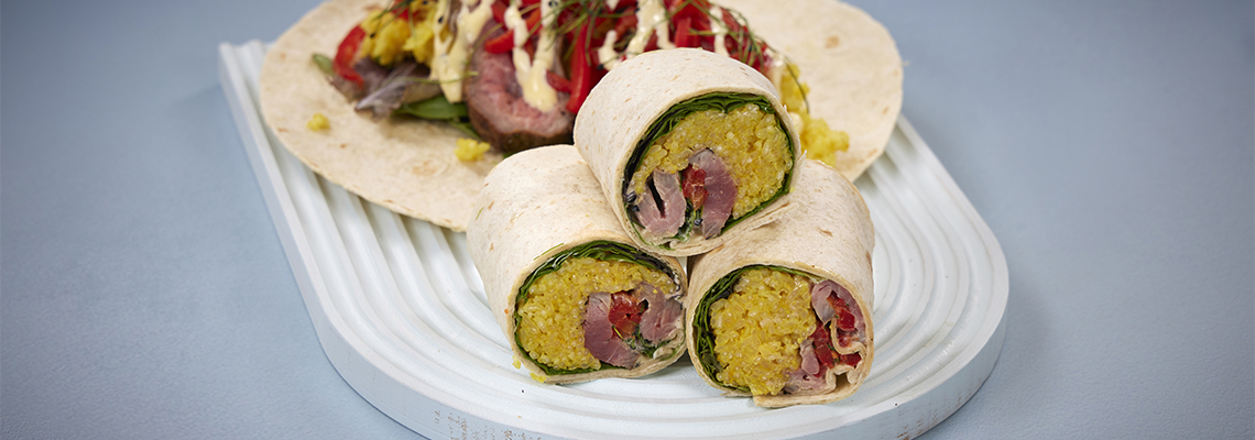 Tortillawrap med marinert biff og yuzu ris